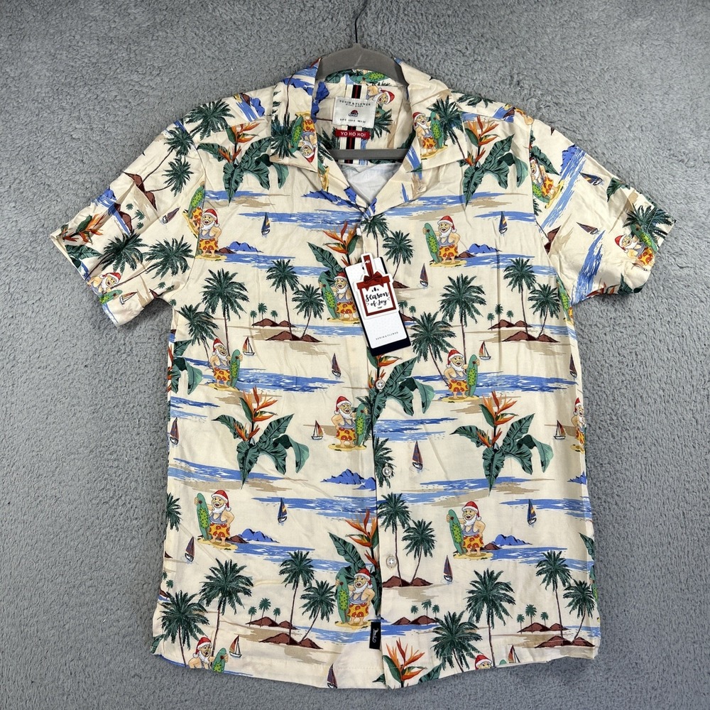 Denim & Flower Shirt Mens Small Hawaiian Santa Surfing Christmas Camp‎ Loop NEW